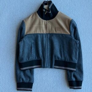 Miu Miu Two-Tone Bomber Jacket in Gray and Tan